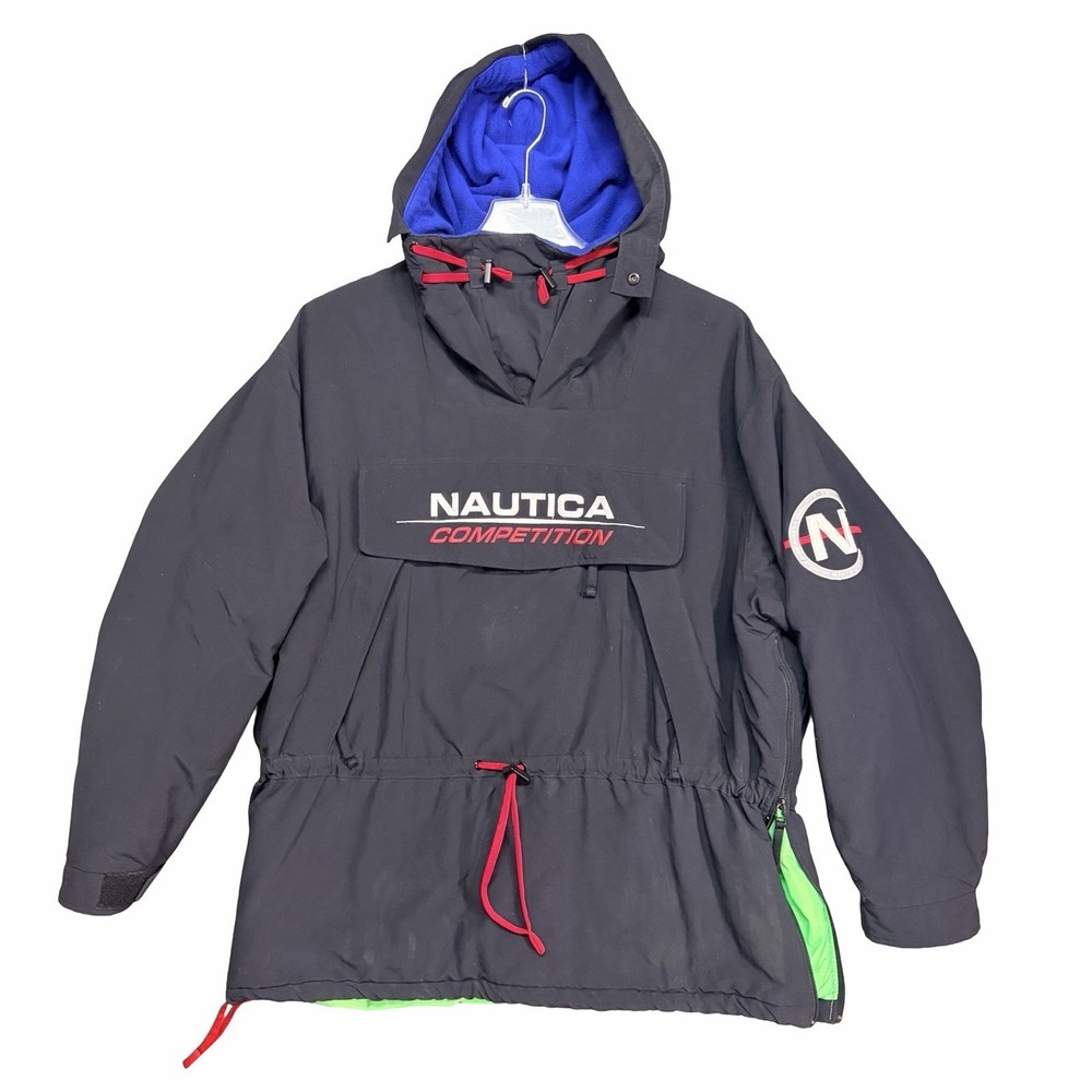 Vtg 90s Nautica Competition Anorak Jacket Sz XL Fleece Lined Pullover Black Red
